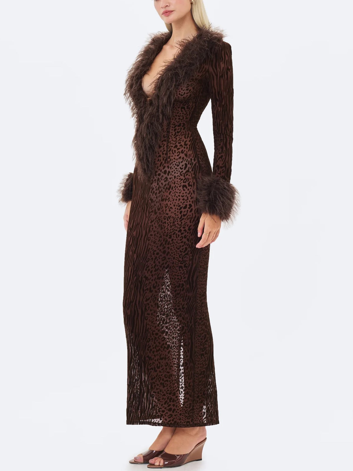 Brown Leopard Print Faux Fur Trim Maxi Dress