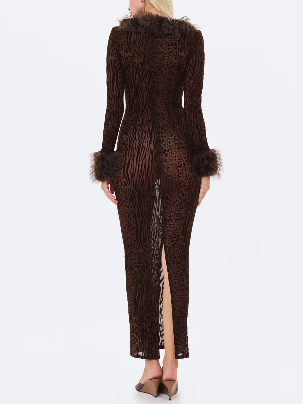 Brown Leopard Print Faux Fur Trim Maxi Dress