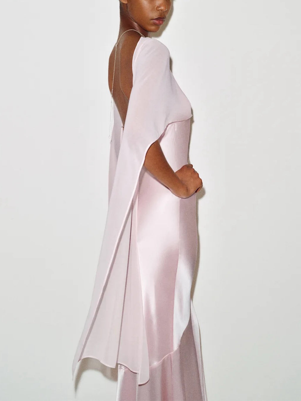 Pink Satin Cape Sleeve Maxi Dress