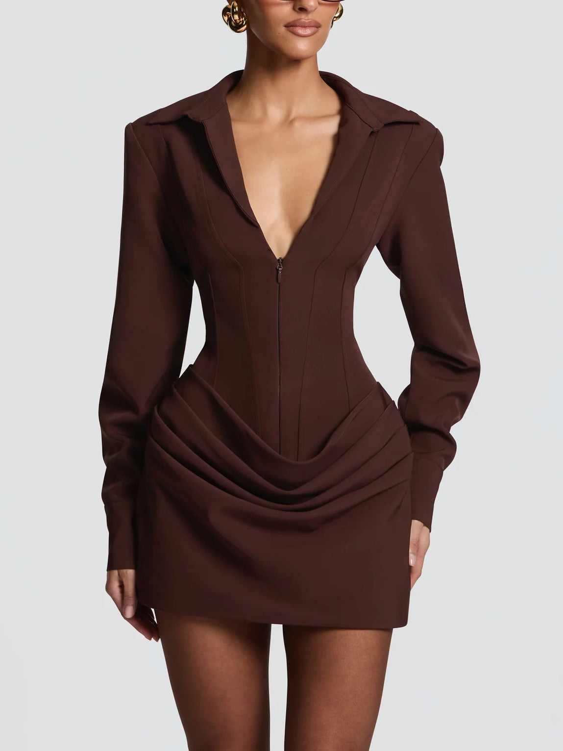 Brown Deep V-Neck Ruched Mini Dress