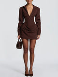 Brown Deep V-Neck Ruched Mini Dress