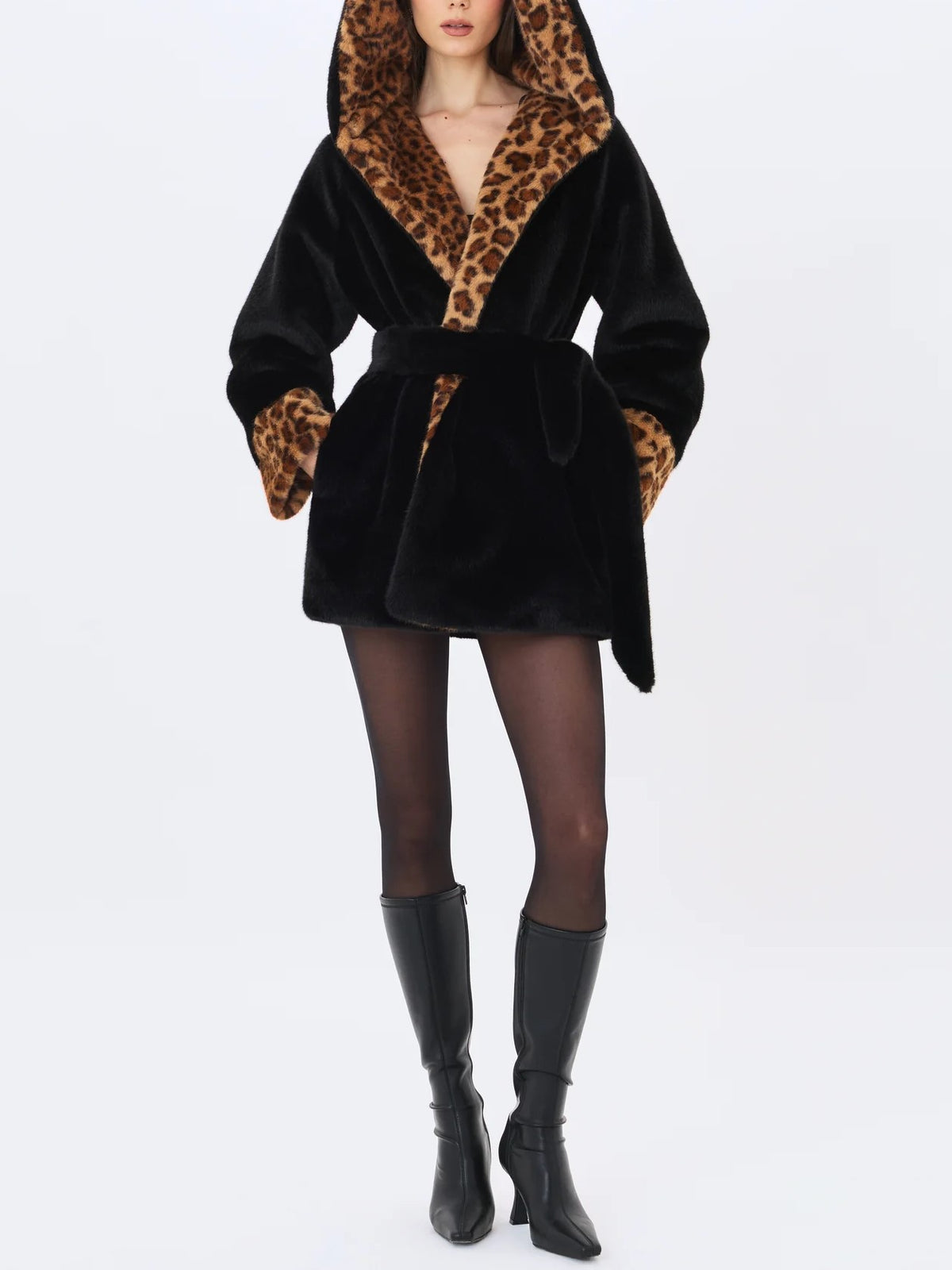 Black Leopard Faux Fur Trim Coat