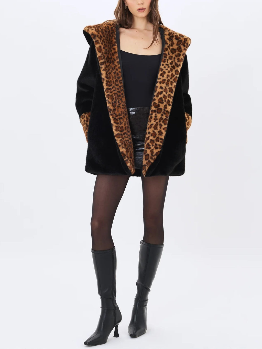 Black Leopard Faux Fur Trim Coat