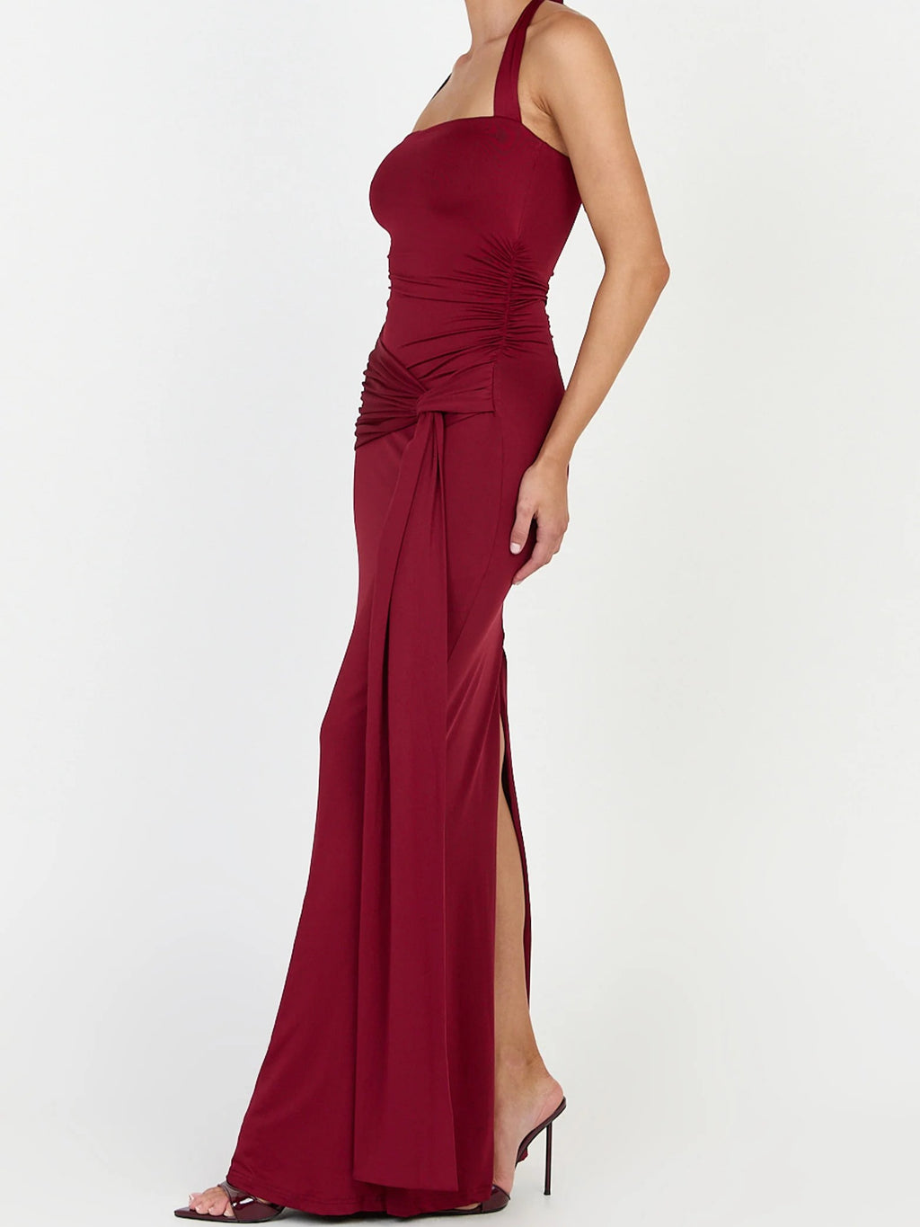 Burgundy Jersey Halter Draped Knot Maxi Dress