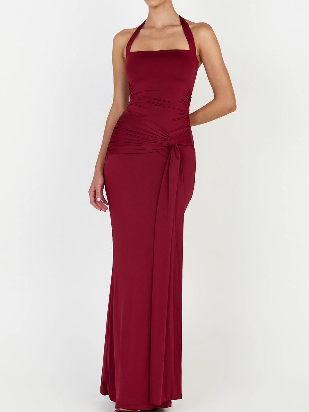 Burgundy Jersey Halter Draped Knot Maxi Dress