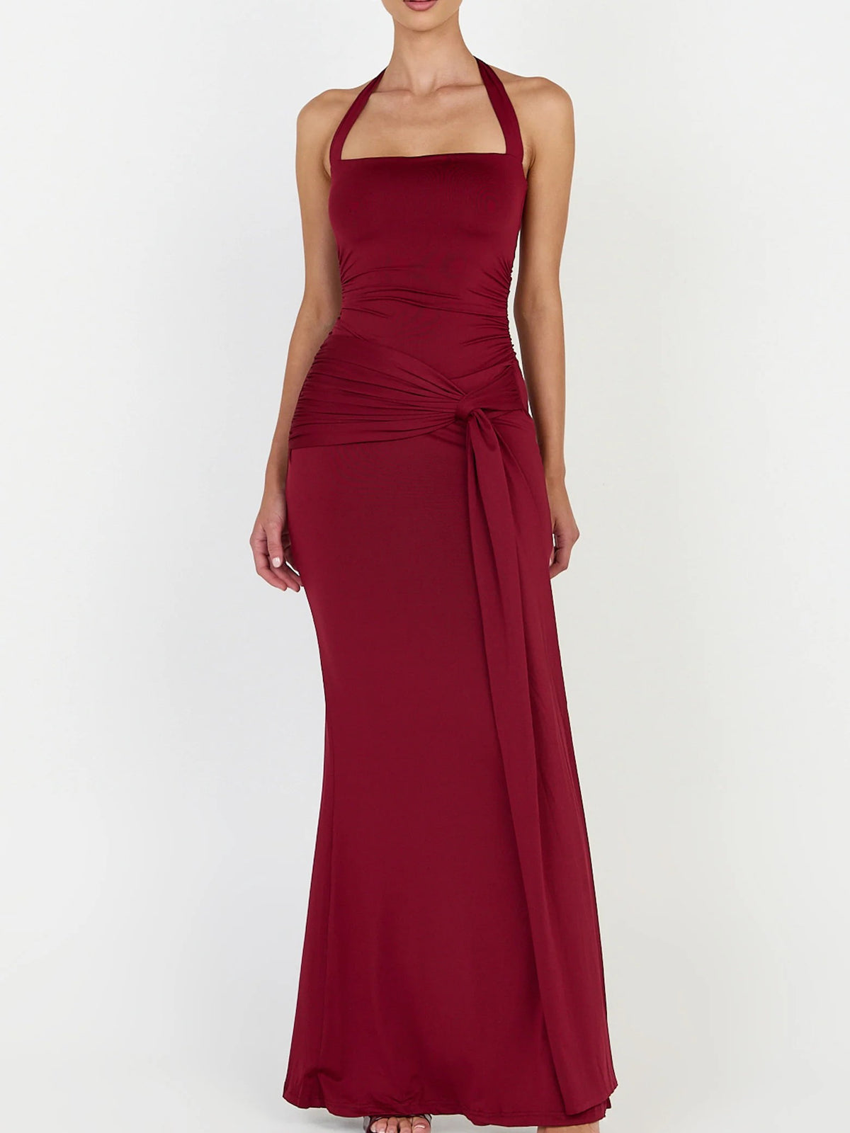 Burgundy Jersey Halter Draped Knot Maxi Dress