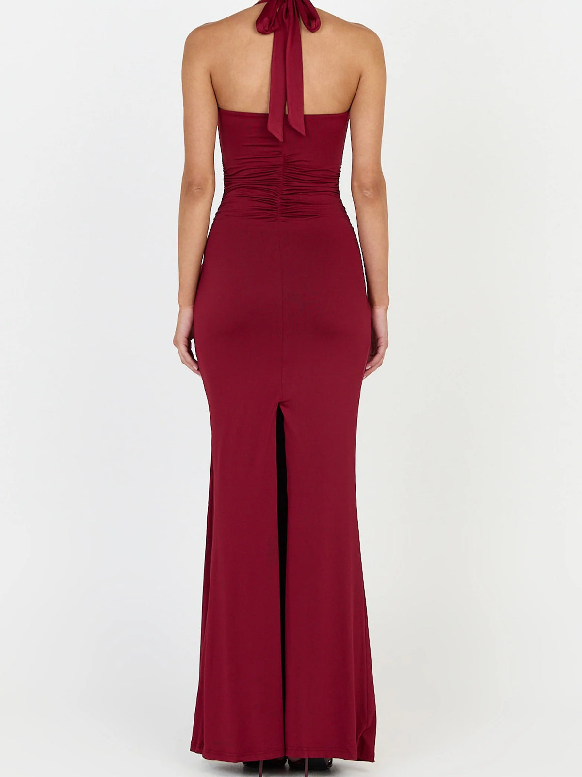Burgundy Jersey Halter Draped Knot Maxi Dress