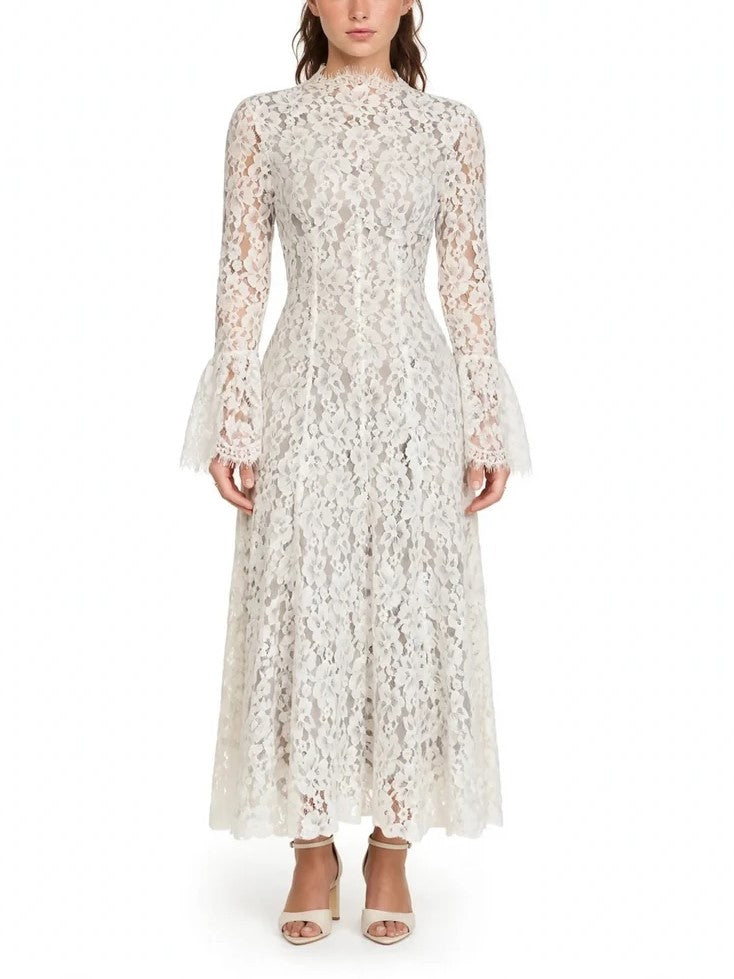 White Sheer Lace Long Sleeve Midi Dress