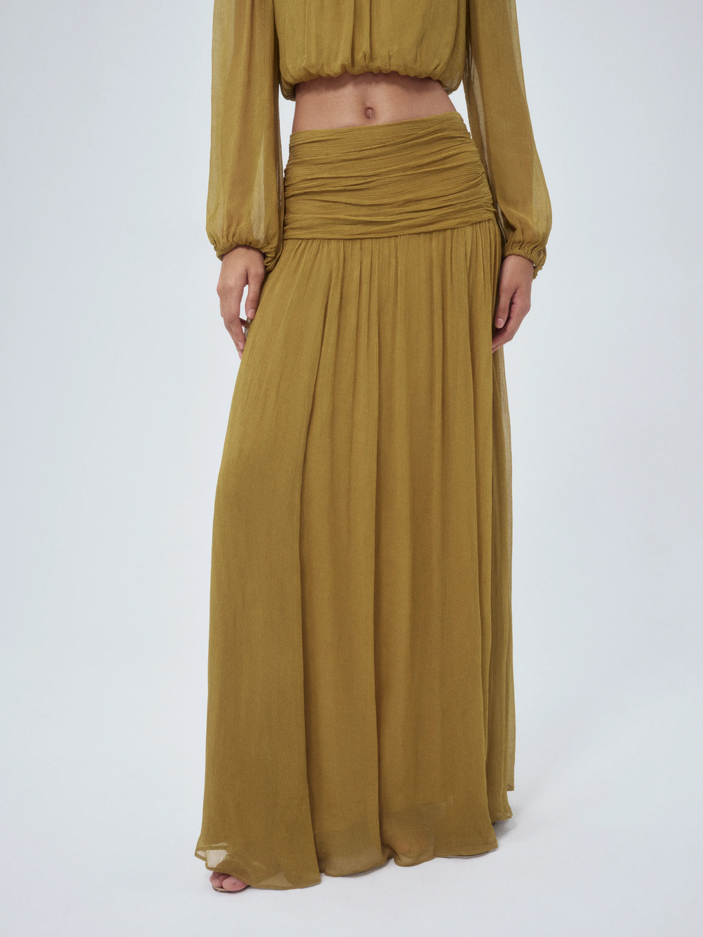 Olive Sheer Two Piece Crop Top and Maxi Skirt Set