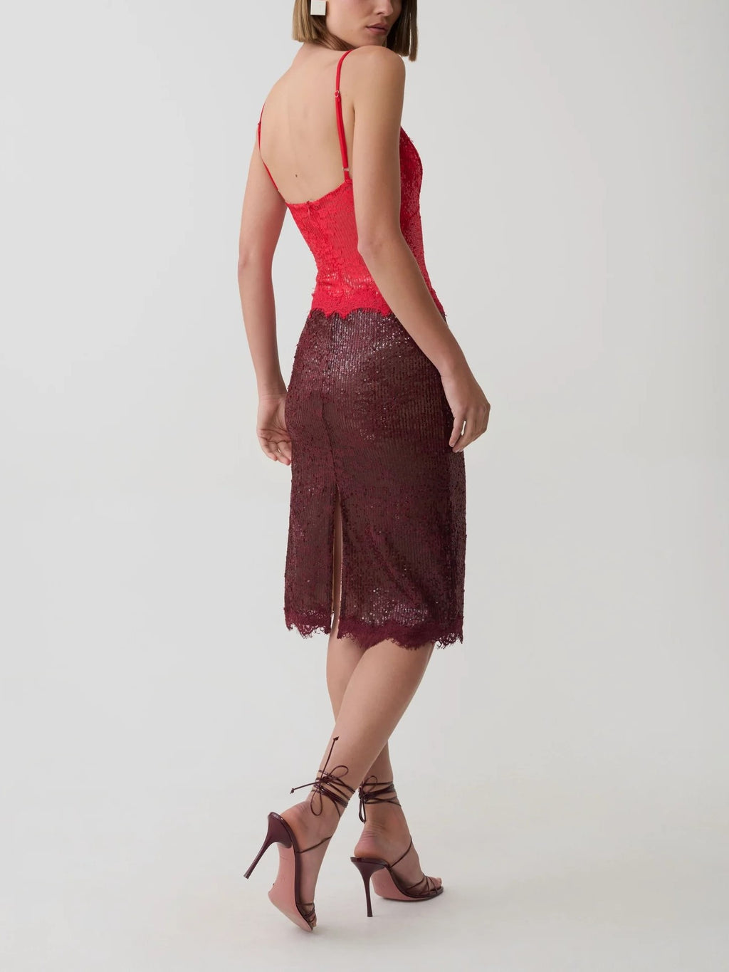 Red Lace Sequin Midi Dress