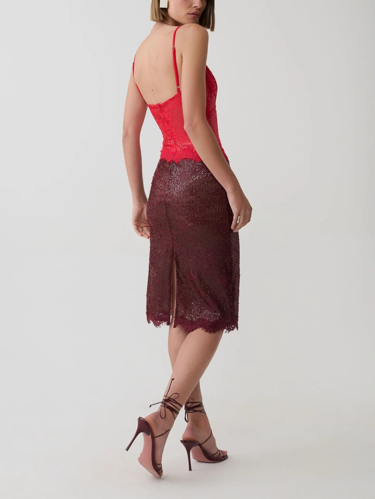 Red Lace Sequin Midi Dress
