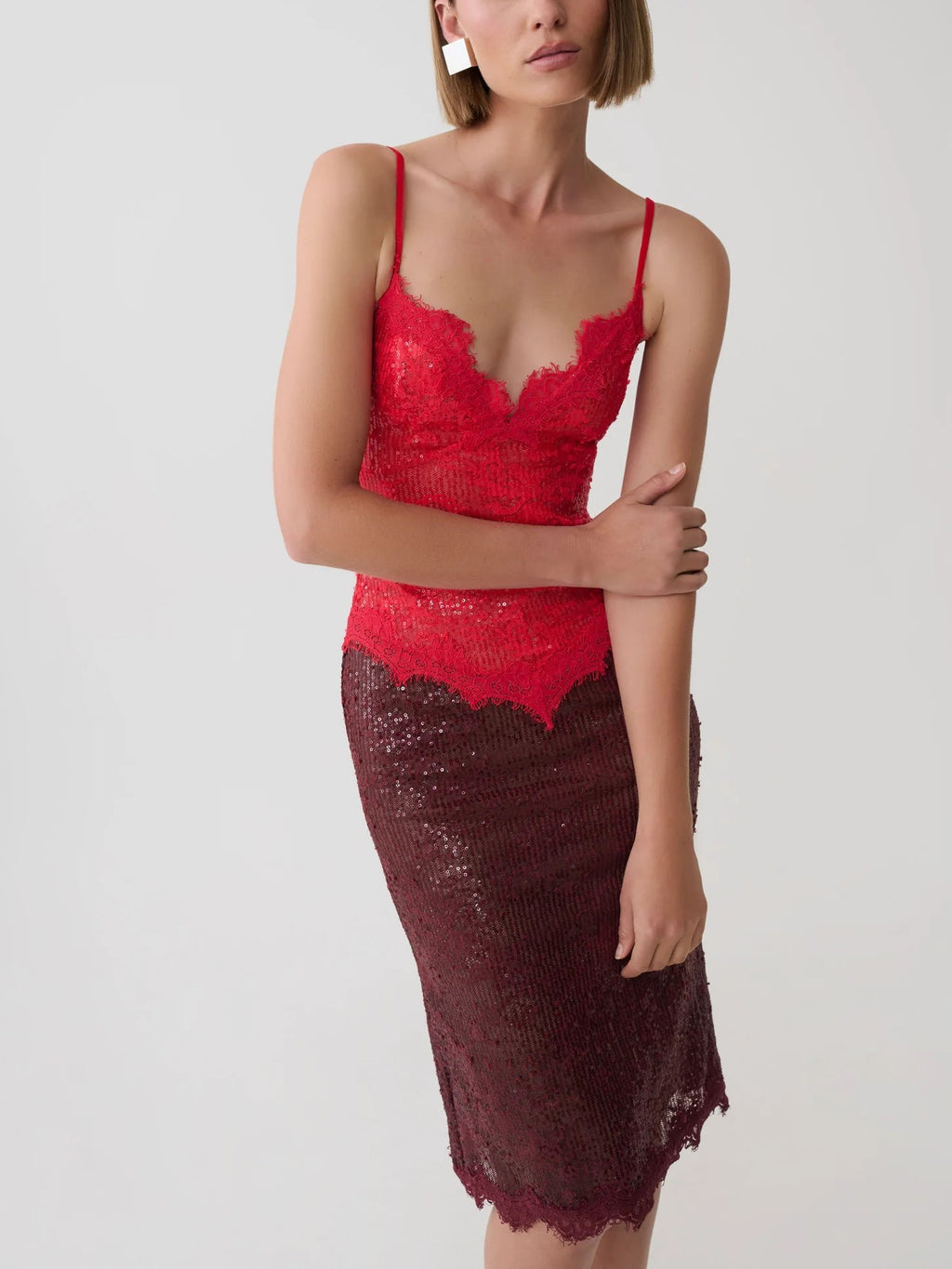 Red Lace Sequin Midi Dress