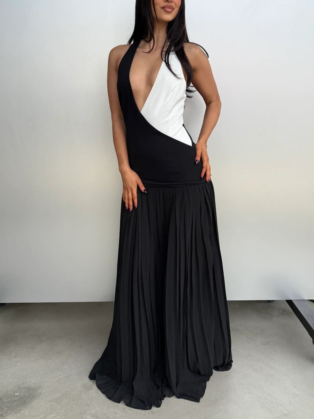 Black White Halter Draped Maxi Dress