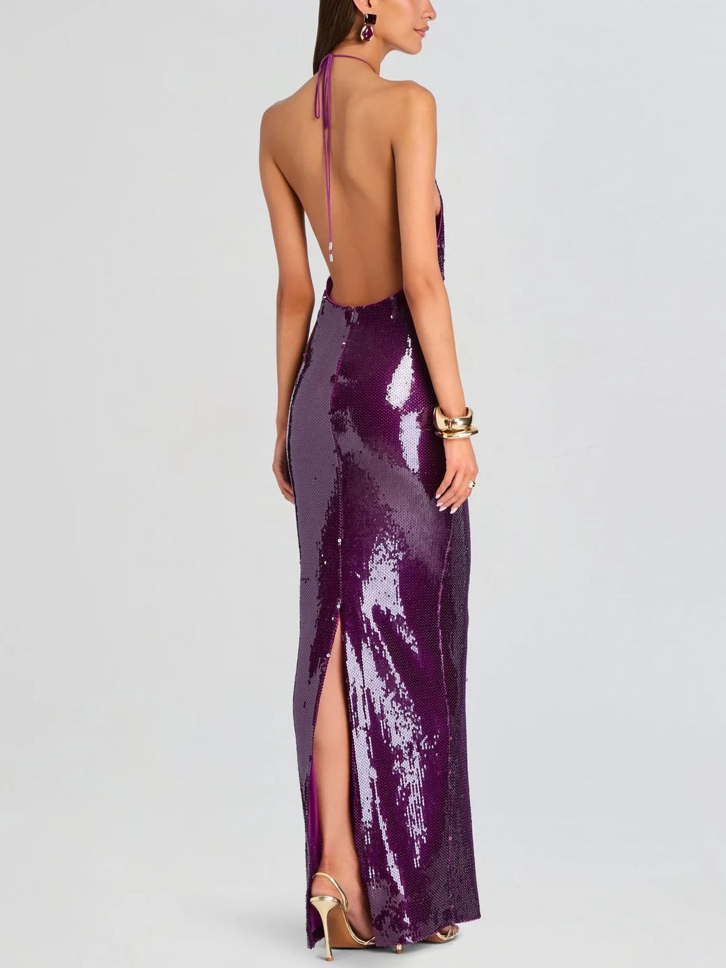 Purple Sequin Halter Cutout Maxi Dress