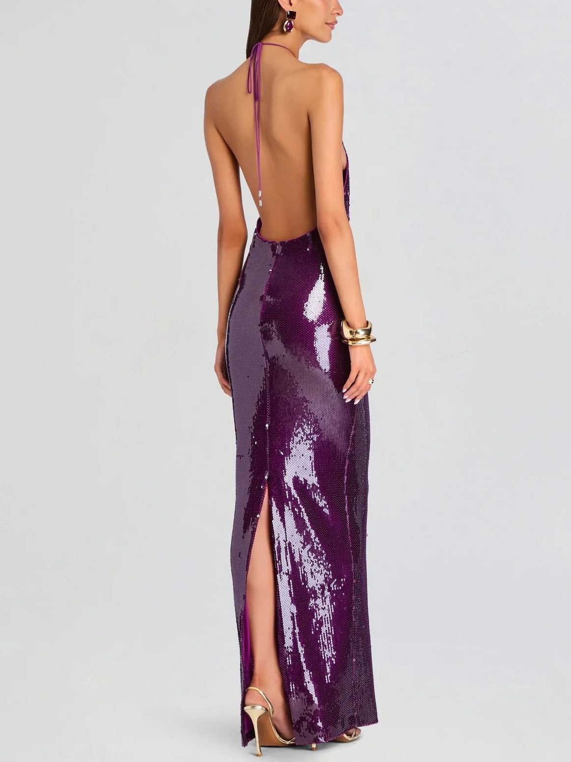 Purple Sequin Halter Cutout Maxi Dress