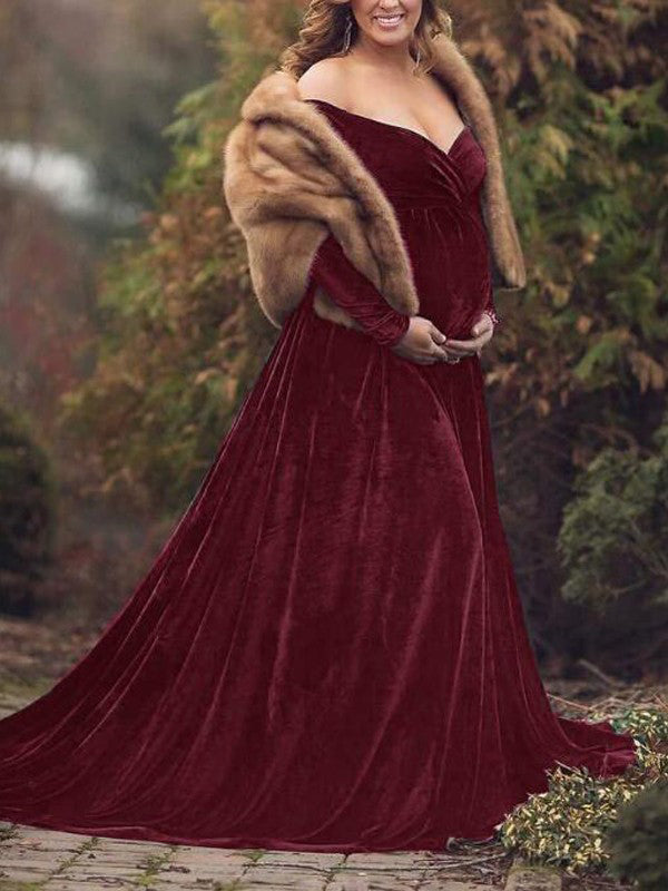 Off Shoulder Pleuche Mermaid Photoshoot Baby Shower Maternity Maxi Dress