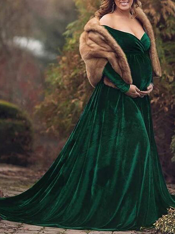 Off Shoulder Pleuche Mermaid Photoshoot Baby Shower Maternity Maxi Dress