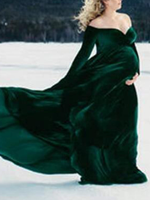 Off Shoulder Pleuche Mermaid Photoshoot Baby Shower Maternity Maxi Dress