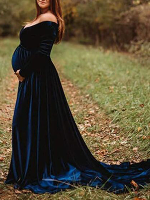 Off Shoulder Pleuche Mermaid Photoshoot Baby Shower Maternity Maxi Dress