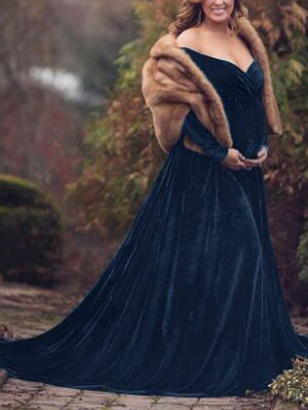 Off Shoulder Pleuche Mermaid Photoshoot Baby Shower Maternity Maxi Dress