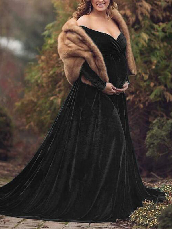 Off Shoulder Pleuche Mermaid Photoshoot Baby Shower Maternity Maxi Dress