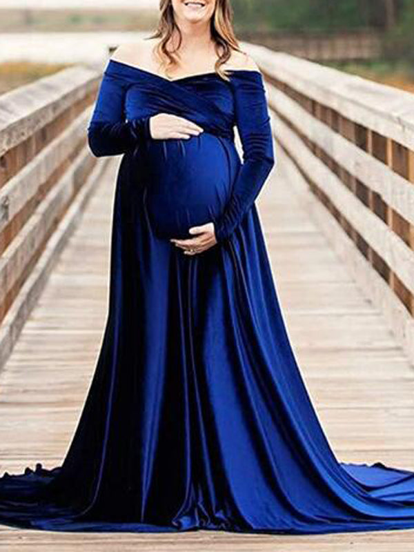 Off Shoulder Pleuche Mermaid Photoshoot Baby Shower Maternity Maxi Dress