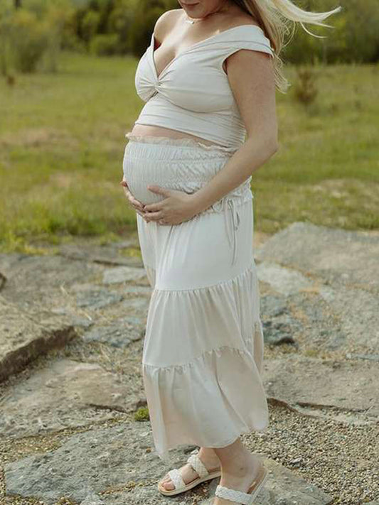 Ivory White Two Piece Set Off Shoulder Ruffle Falbala Bodycon Elegant Maternity Boho Photoshoot Baby Shower Maxi Dress