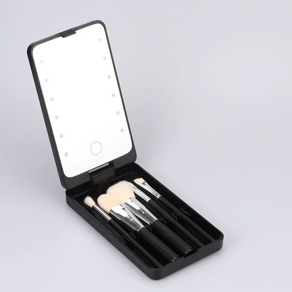 Travel Makeup Brush Set with LED Light Mirror
