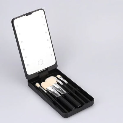 Travel Makeup Brush Set with LED Light Mirror
