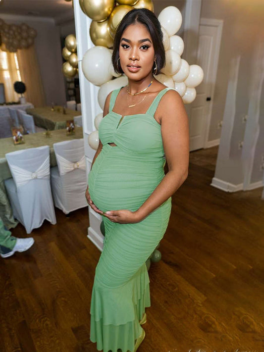 Condole Belt Ruched Bodycon Cut Out Mermaid Sleeveless Babyshower Maternity Maxi Dress