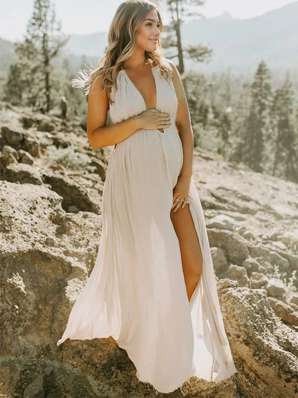 Solid Color Cut Out V-Neck Side Slit Backless Tassel Halter Neck Vacation Photoshoot Maternity Maxi Dress