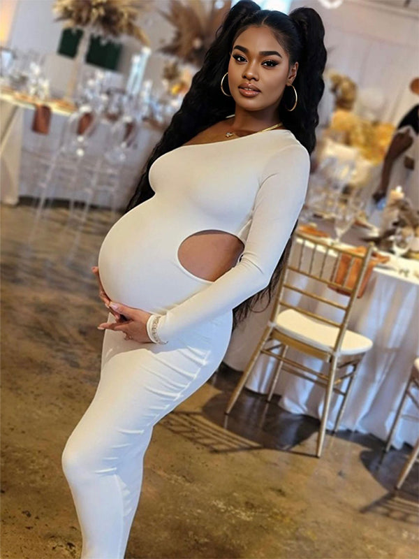 One Shoulder Cut Out Irregular Bodycon Long Sleeve Fashion Baby Shower Maternity Maxi Dress