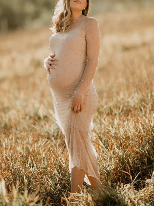 Mesh Solid Color Beading Pearl Rhinestone Long Sleeve Cover-ups Side Slit Photoshoot Maternity Maxi Dress