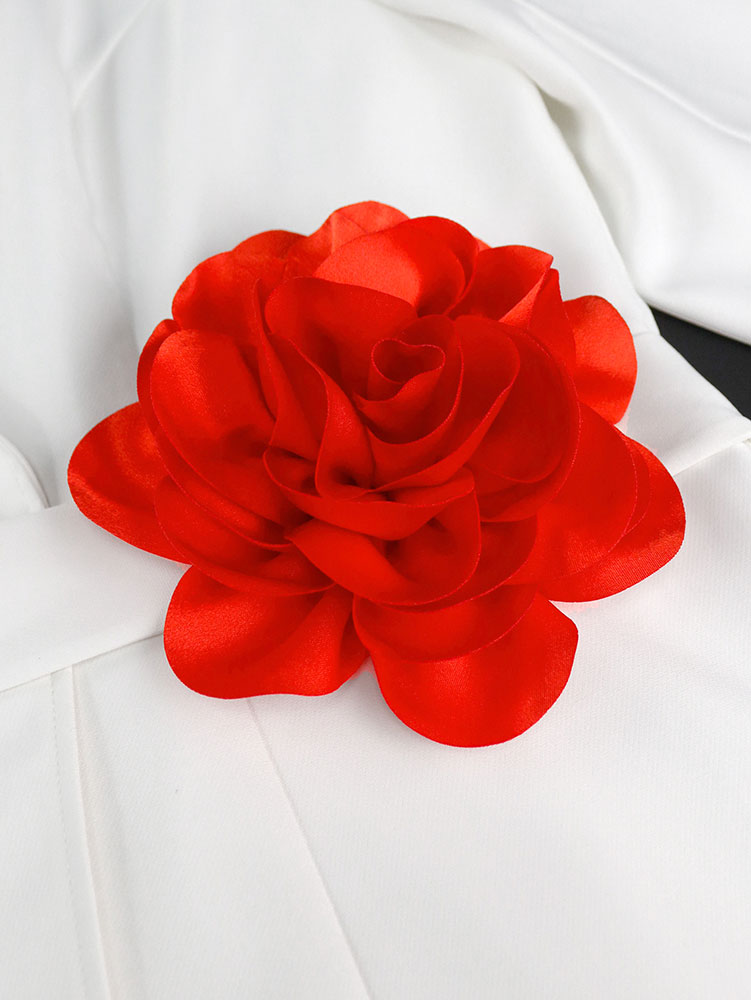 White Formal Blazer Top With Red Flower Office Lady Clothes