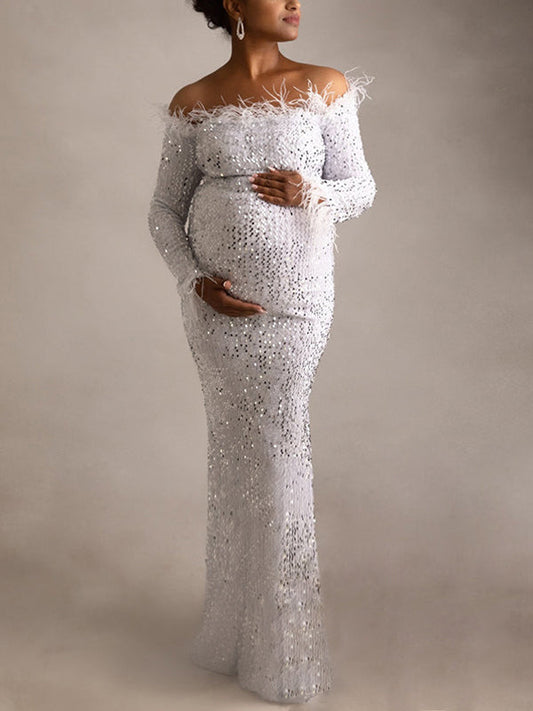 White Sparkly Sequin Feather Off Shoulder Elegant Evening Gown Maternity Photoshoot Baby Shower Party Maxi Dress