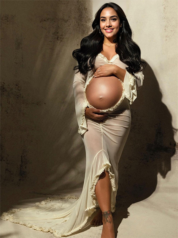 Ivory Sheer Ruffle Cut Out Crop Slit Falbala Deep V-neck Mermaid Elegant Maternity Photoshoot Maxi Dress