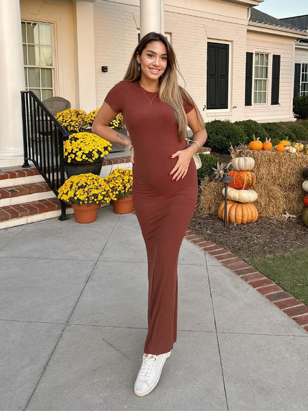 Brown Solid Color Short Sleeve Bodycon Daily Casual Baby Shower Maternity Maxi Dress