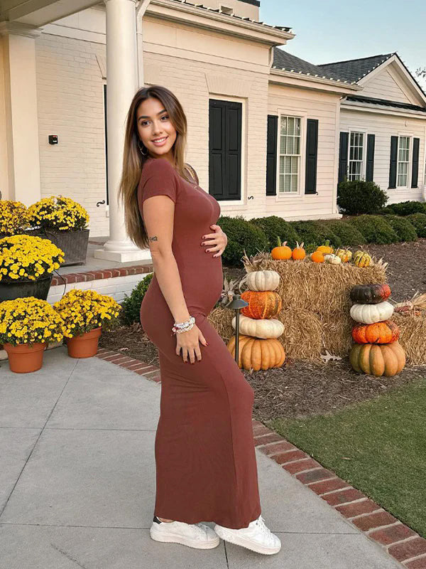 Brown Solid Color Short Sleeve Bodycon Daily Casual Baby Shower Maternity Maxi Dress
