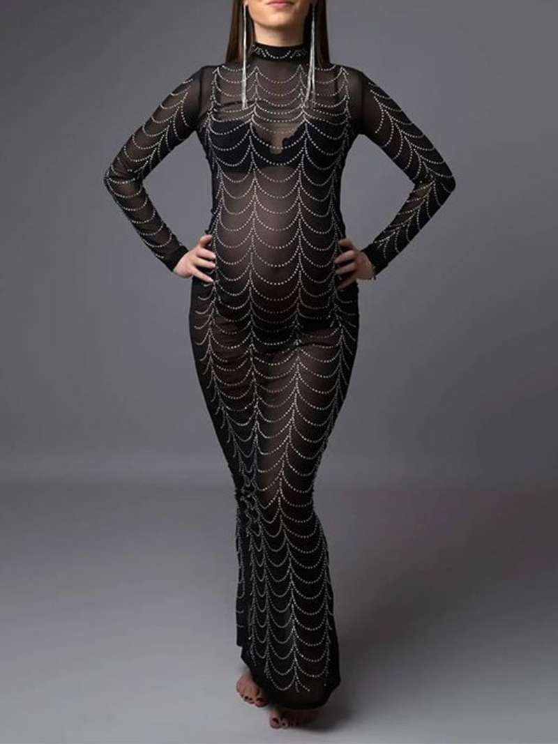 Black Rhinestone Bodycon Mesh Long Sleeve Evening Gown Photoshoot Plus Size Club Maternity Maxi Dress