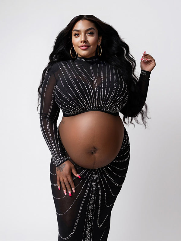 Black Mesh Rhinestone High Neck Crop 2-in-1 Midriff Bodycon Long Sleeve Photoshoot Evening Plus Size Maternity Maxi Dress