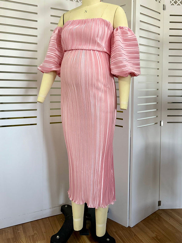 Pink Off Shoulder Bandeau Ribbed  Pleated Bodycon Puff Sleeve Evening Gown Baby Shower Maternity Maxi Dress