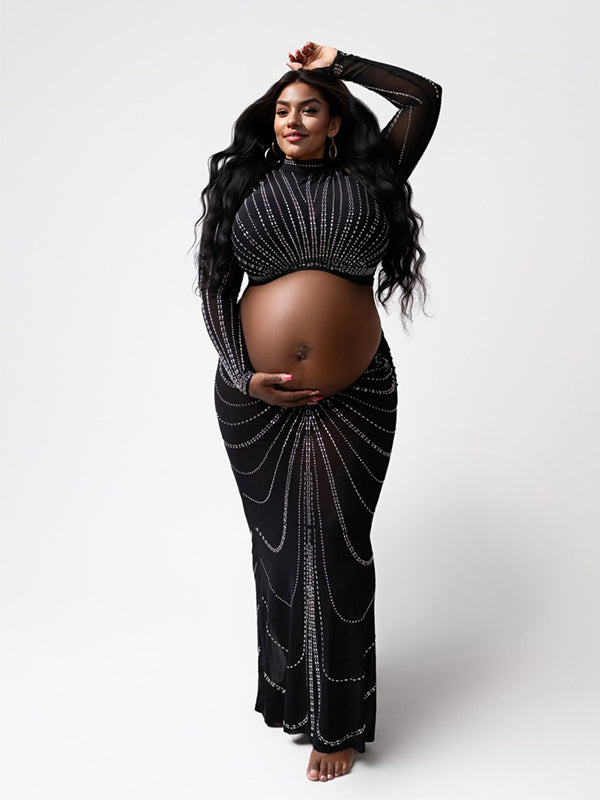 Black Mesh Rhinestone High Neck Crop 2-in-1 Midriff Bodycon Long Sleeve Photoshoot Evening Plus Size Maternity Maxi Dress