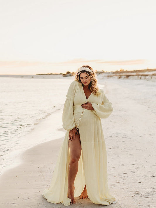 Ivory White Single Breasted Open Front Big Swing Deep V-neck Robe Elegant Wedding Gown Maternity Boho Photoshoot Baby Shower Maxi Dress