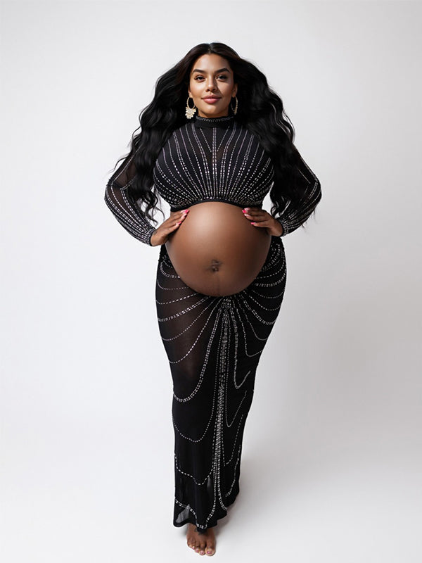 Black Mesh Rhinestone High Neck Crop 2-in-1 Midriff Bodycon Long Sleeve Photoshoot Evening Plus Size Maternity Maxi Dress
