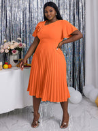DRESS Asymmetrical Neck Ruffles Short Sleeve Pleated Dress