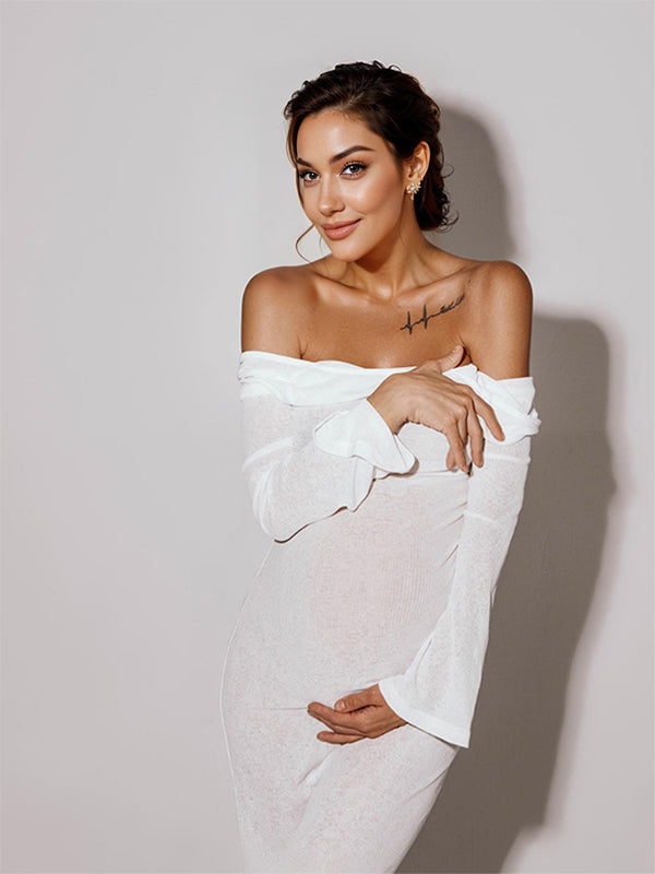White Off Shoulder Backless Sheer Elegant Fashion Photoshoot Maternity Maxi Dress