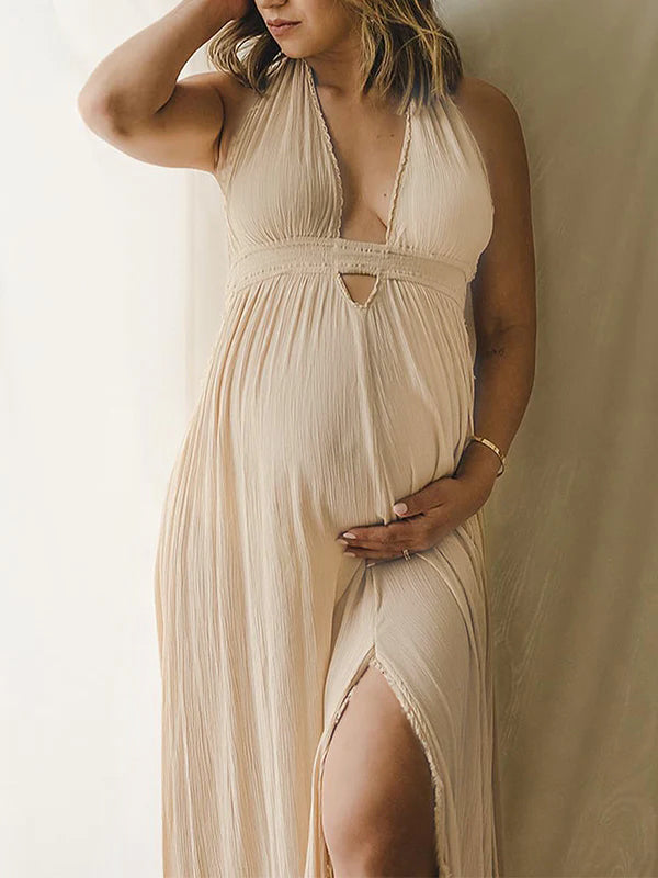 Solid Color Cut Out V-Neck Side Slit Backless Tassel Halter Neck Vacation Photoshoot Maternity Maxi Dress