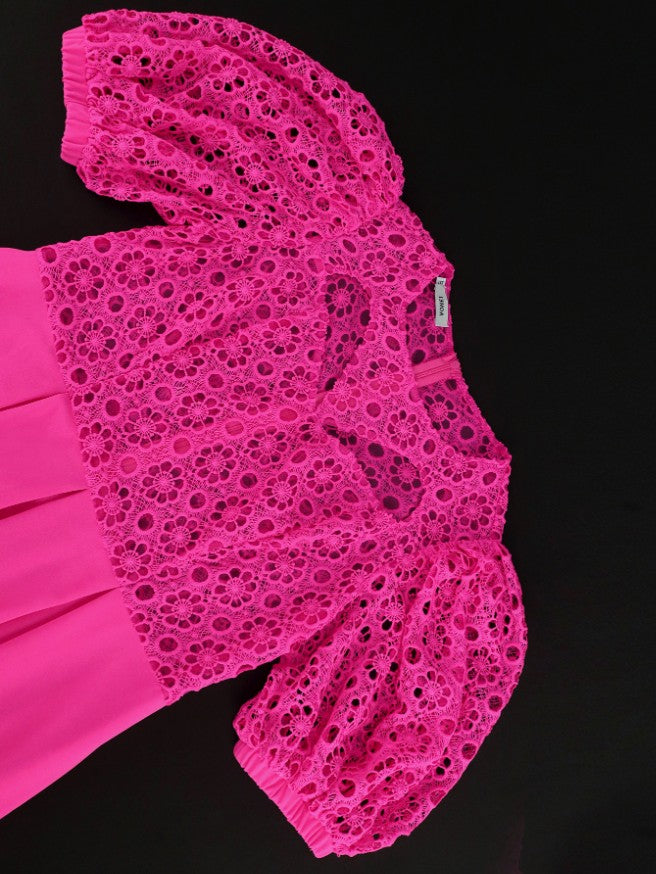 Lace Patchwork Hollow Out Lantern Sleeves Pleated Dress