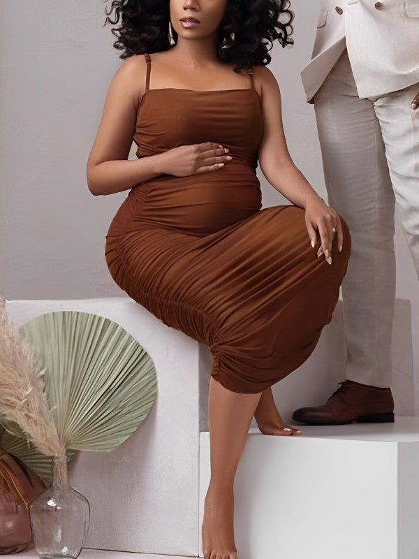 Brown Bodycon Cascading Ruffle Spaghetti Strap Chic Fashion Maternity Photoshoot Maxi Dress