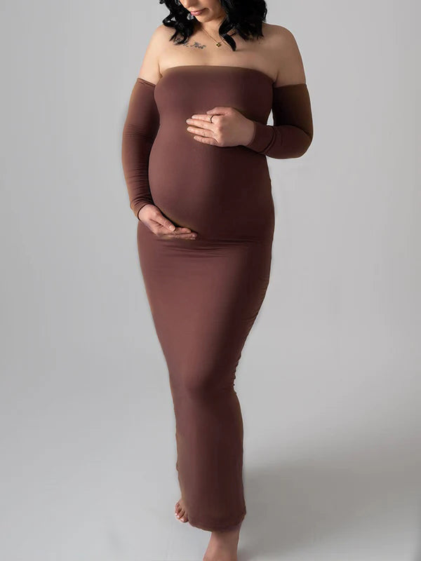 Brown Off Shoulder Long Sleeve Bodycon Elegant Going Out Maternity Photoshoot Baby Shower Party Maxi Dress
